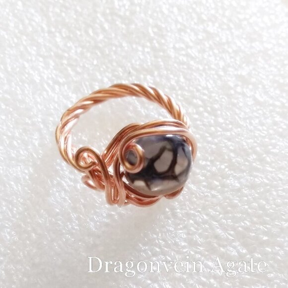 Size 7 ~ One-of-a-kind! Dragonvein Agate + Rock Bead - Embellished Copper Ring - Picture 6 of 12